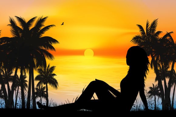 Download Cute Girl and Beach Silhouette Graphic - Beach silhouette Collection