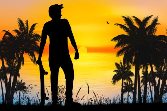 Download Cute Man on Beach Silhouette Graphic - Beach silhouette Collection