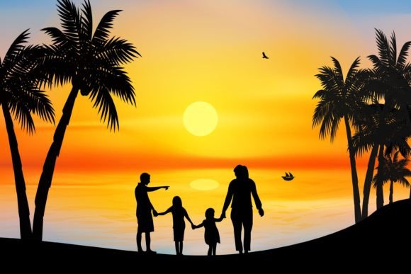 Download Cute Family on Beach Silhouette Graphic - Beach silhouette Collection
